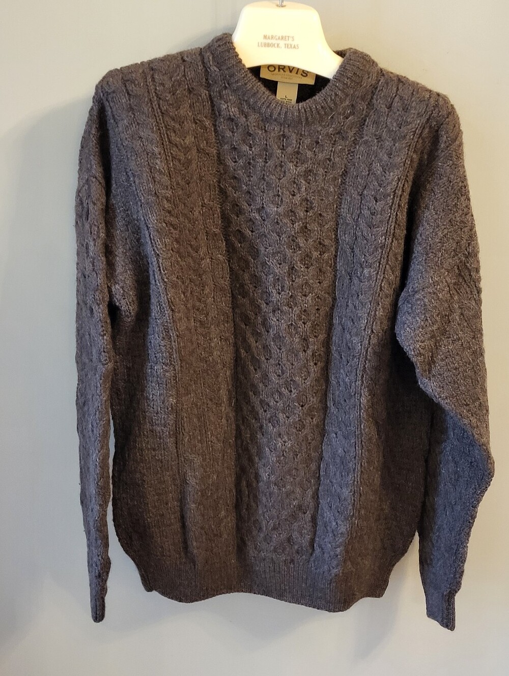 Orvis New Wool Irish Cable Knit Fisherman Sweater Brown Size Large & Xlarge